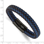 Men's Black Ion-Plated Polished Leather Stainless Steel Bracelet 12mm 8.25in