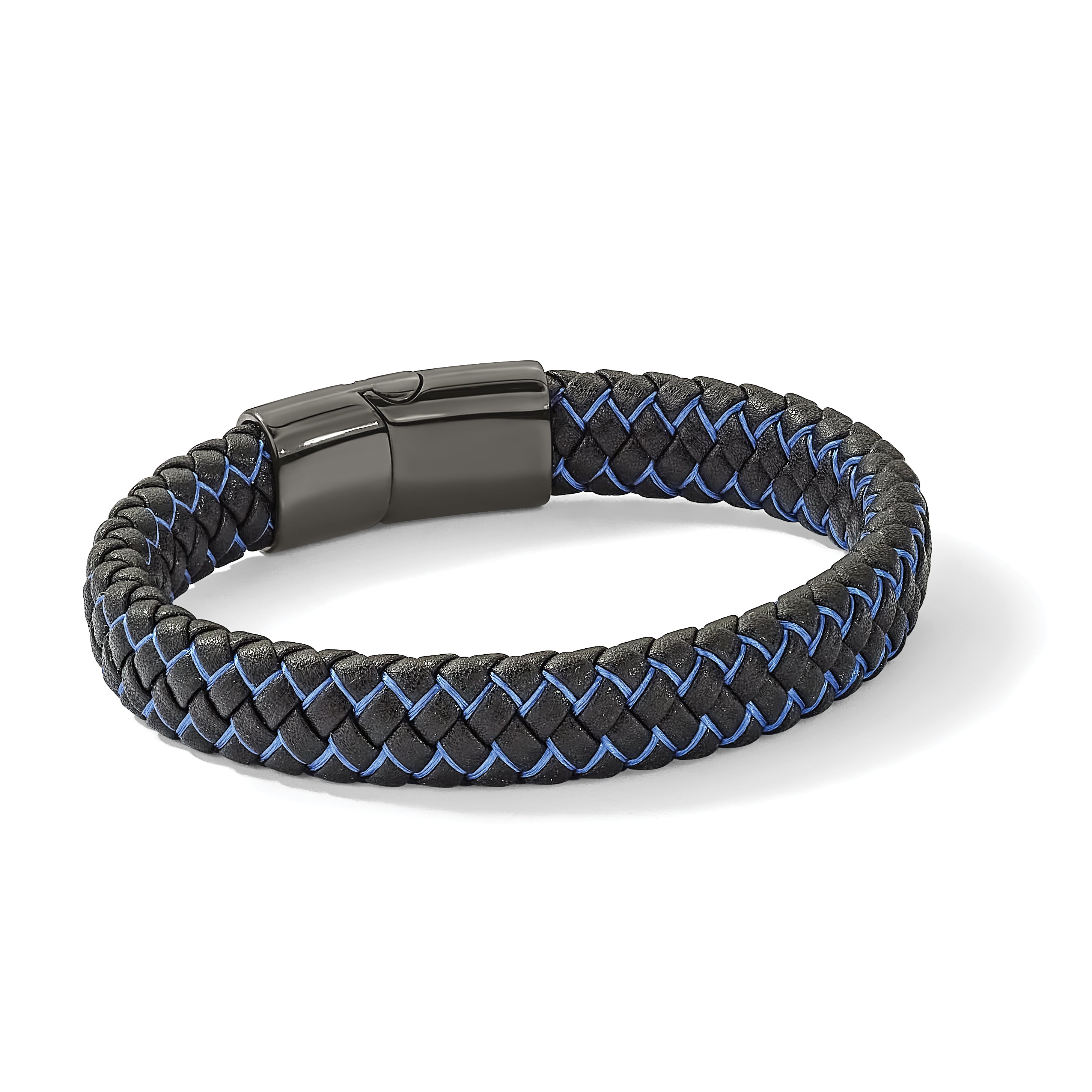 Men's Black Ion-Plated Polished Leather Stainless Steel Bracelet 12mm 8.25in