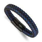 Men's Black Ion-Plated Polished Leather Stainless Steel Bracelet 12mm 8.25in