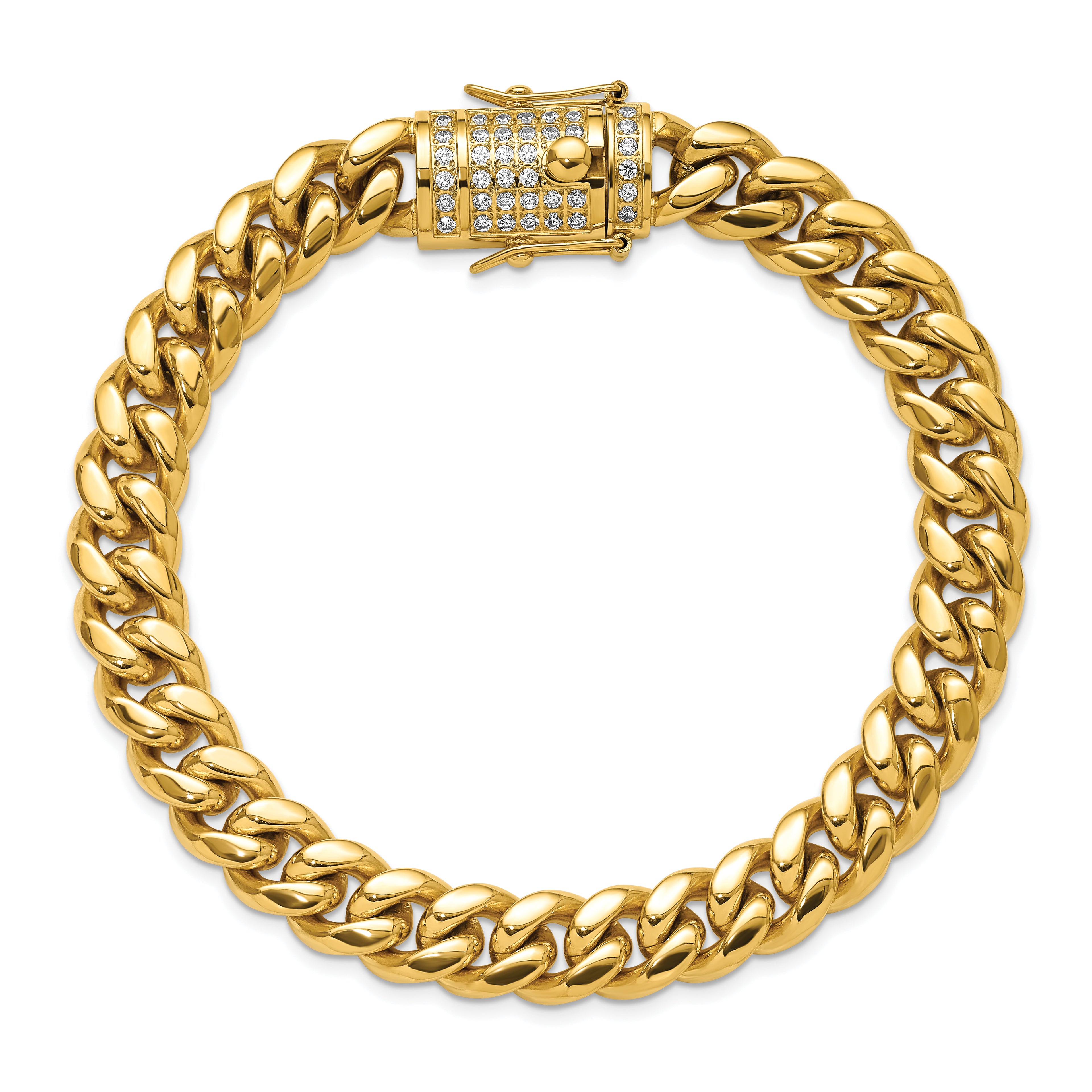 Men's Gold-Tone Polished Cubic Zirconia Stainless Steel Curb Chain Bracelet 10mm