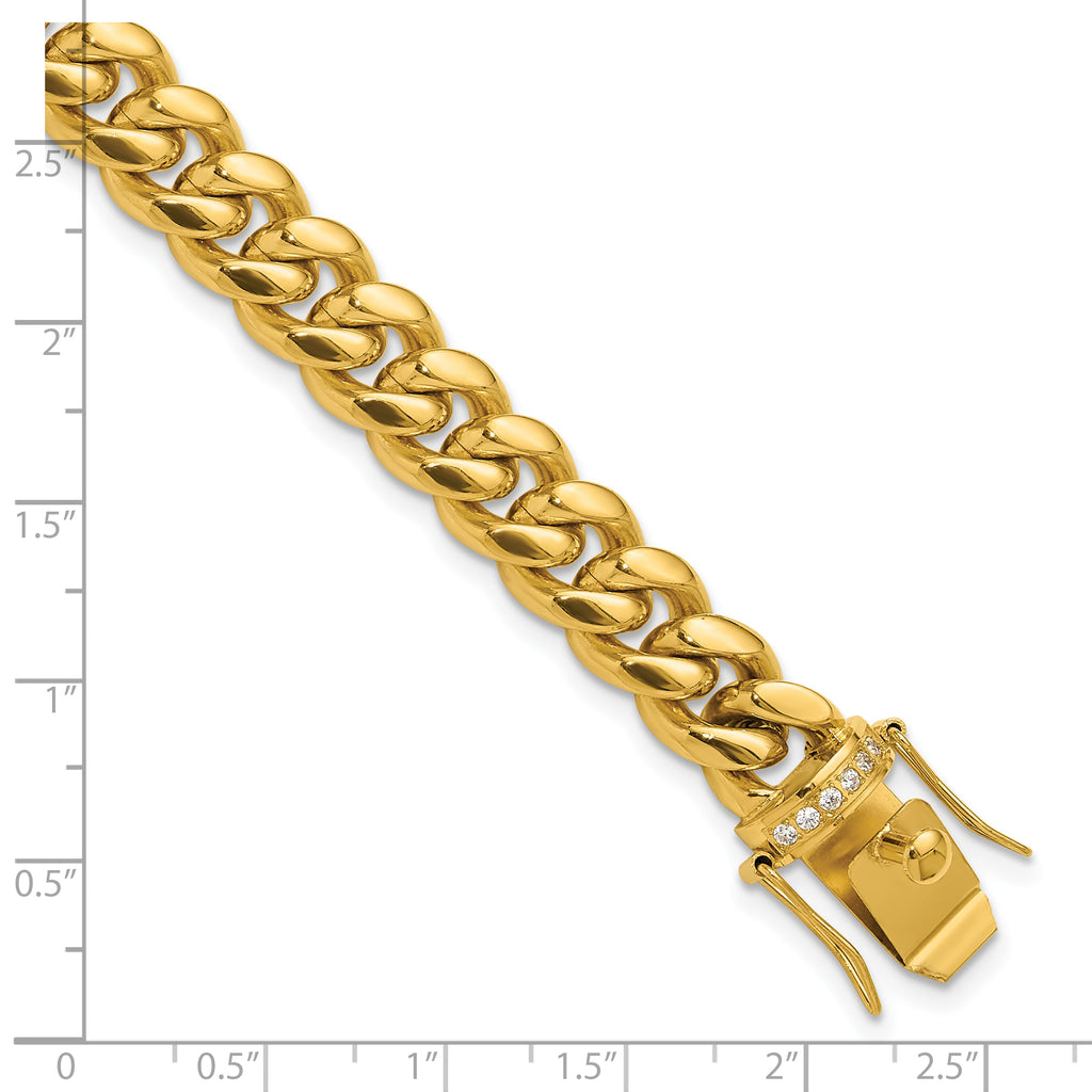 Men's Gold-Tone Polished Cubic Zirconia Stainless Steel Curb Chain Bracelet 10mm