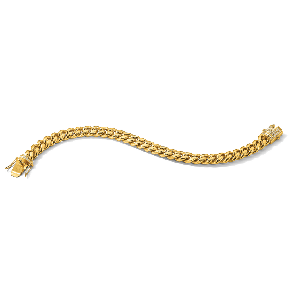 Men's Gold-Tone Polished Cubic Zirconia Stainless Steel Curb Chain Bracelet 10mm