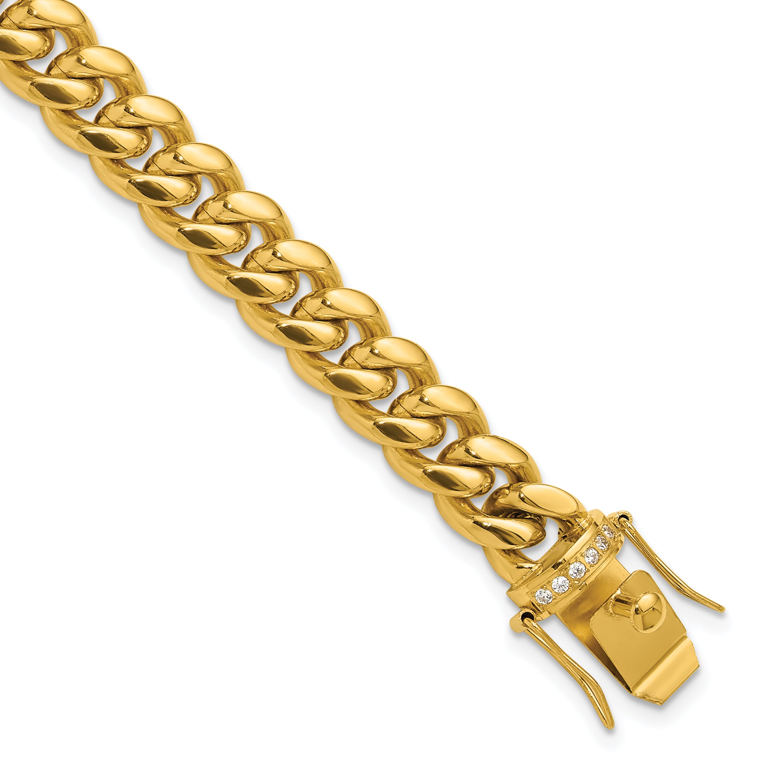 Men's Gold-Tone Polished Cubic Zirconia Stainless Steel Curb Chain Bracelet 10mm