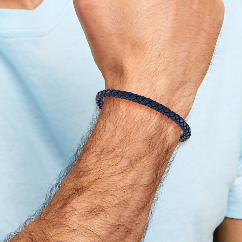 Men's Blue Ion-Plated Polished Leather Stainless Steel Bracelet 6mm