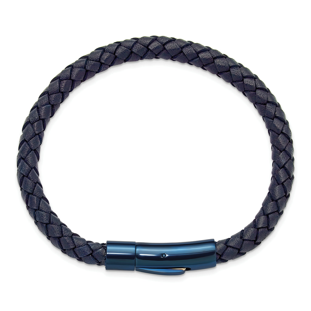 Men's Blue Ion-Plated Polished Leather Stainless Steel Bracelet 6mm