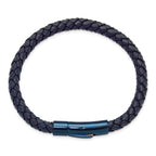 Men's Blue Ion-Plated Polished Leather Stainless Steel Bracelet 6mm