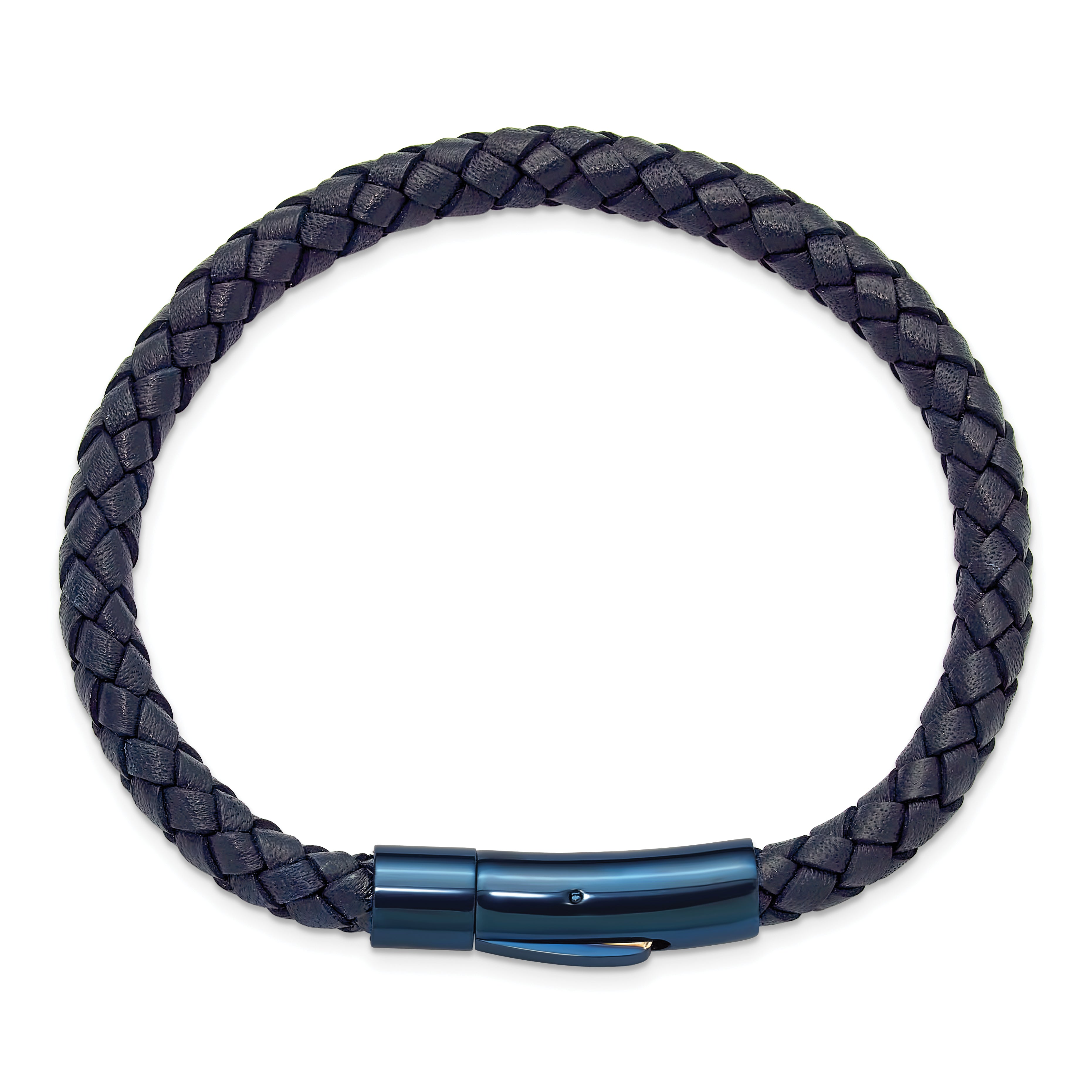 Men's Blue Ion-Plated Polished Leather Stainless Steel Bracelet 6mm