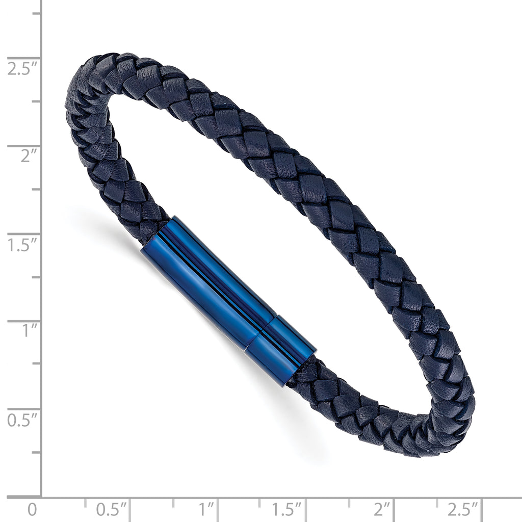 Men's Blue Ion-Plated Polished Leather Stainless Steel Bracelet 6mm
