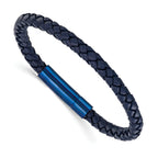 Men's Blue Ion-Plated Polished Leather Stainless Steel Bracelet 6mm