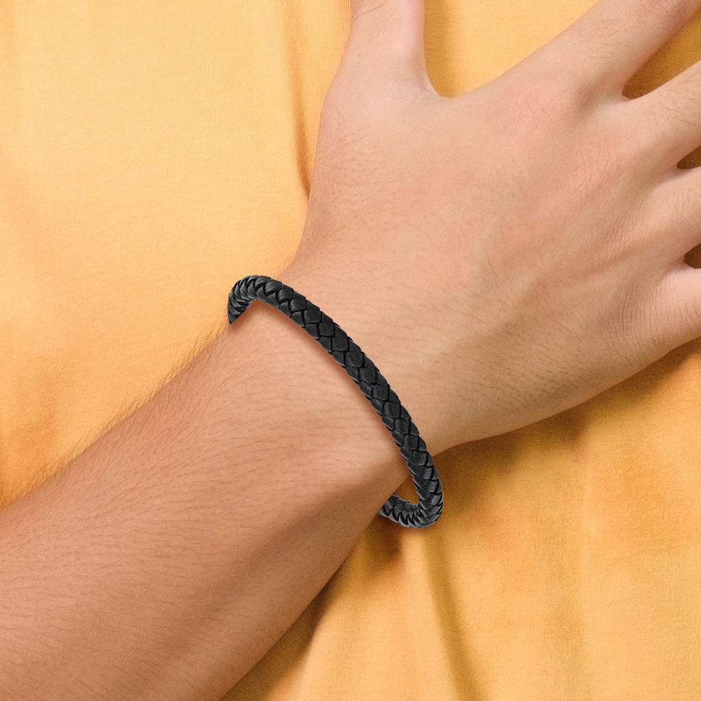 Men's Black Ion-Plated Polished Leather Stainless Steel Bracelet 6.5mm