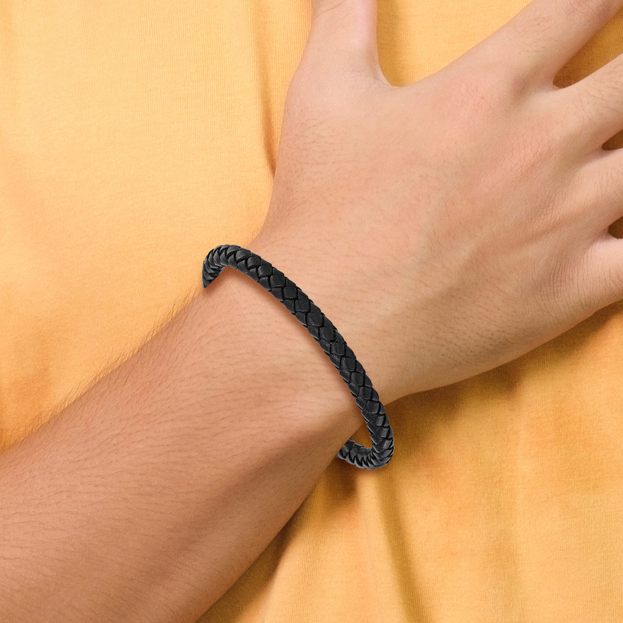 Men's Black Ion-Plated Polished Leather Stainless Steel Bracelet 6.5mm