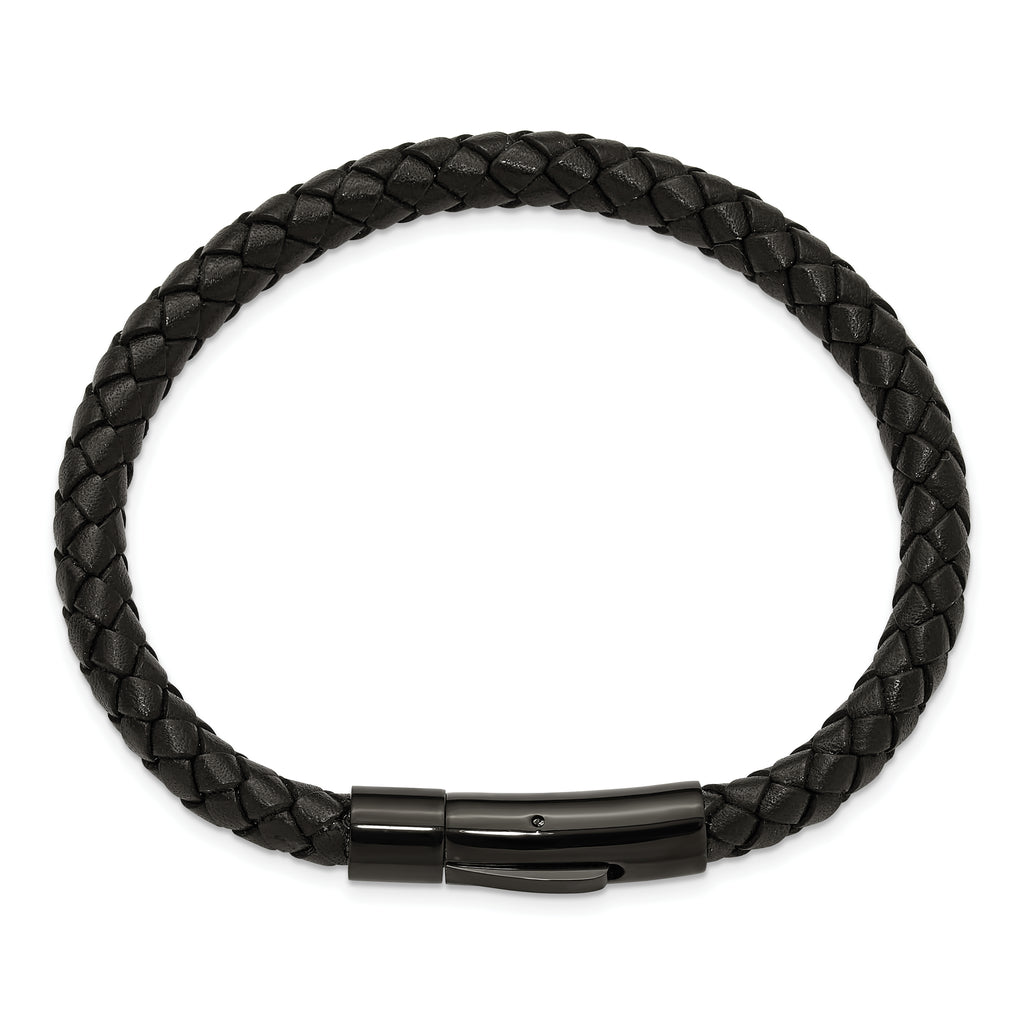 Men's Black Ion-Plated Polished Leather Stainless Steel Bracelet 6.5mm