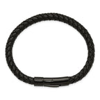 Men's Black Ion-Plated Polished Leather Stainless Steel Bracelet 6.5mm