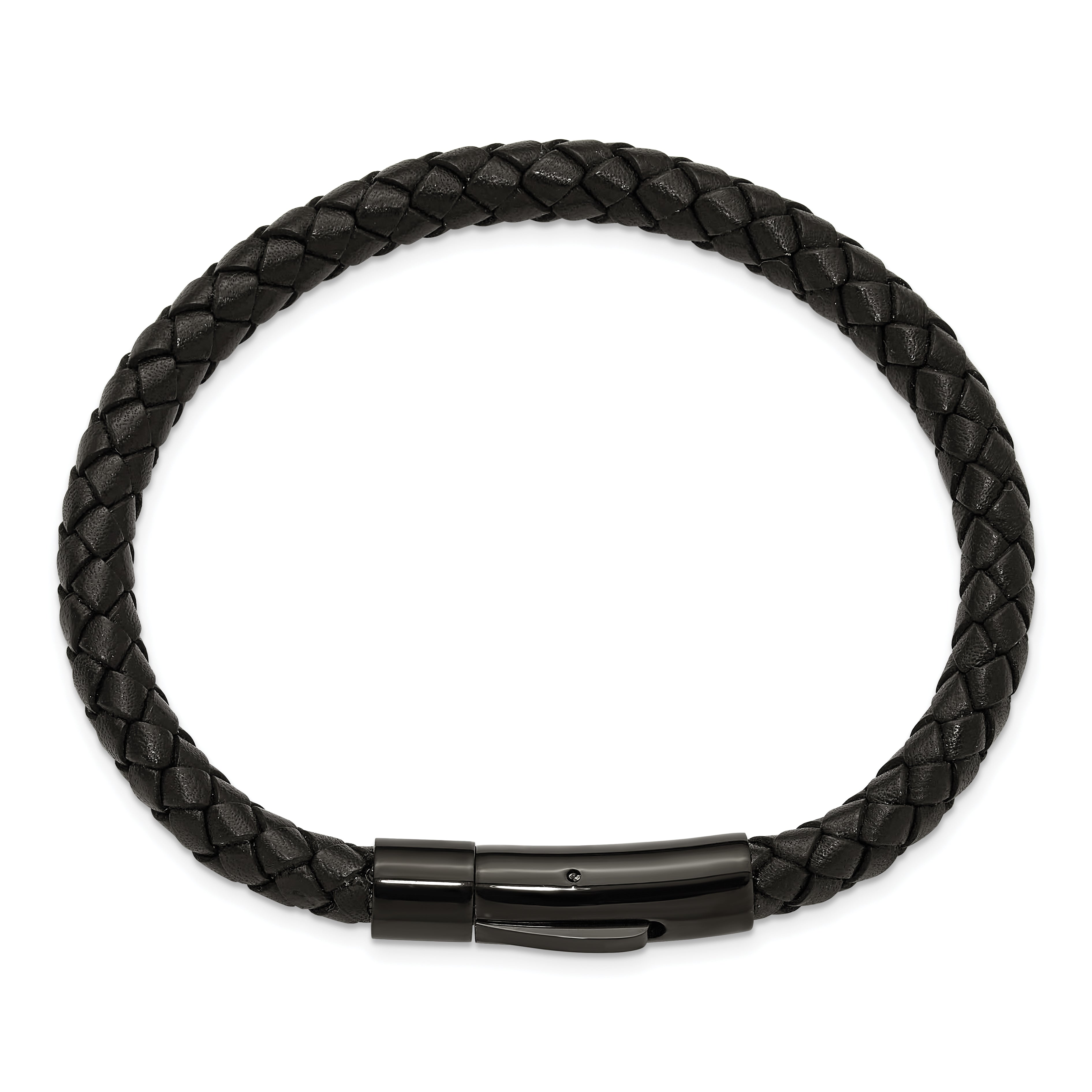 Men's Black Ion-Plated Polished Leather Stainless Steel Bracelet 6.5mm