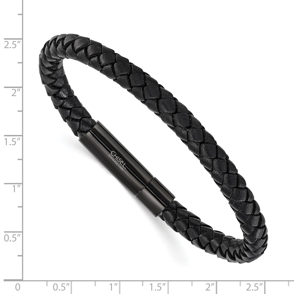 Men's Black Ion-Plated Polished Leather Stainless Steel Bracelet 6.5mm
