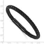 Men's Black Ion-Plated Polished Leather Stainless Steel Bracelet 6.5mm