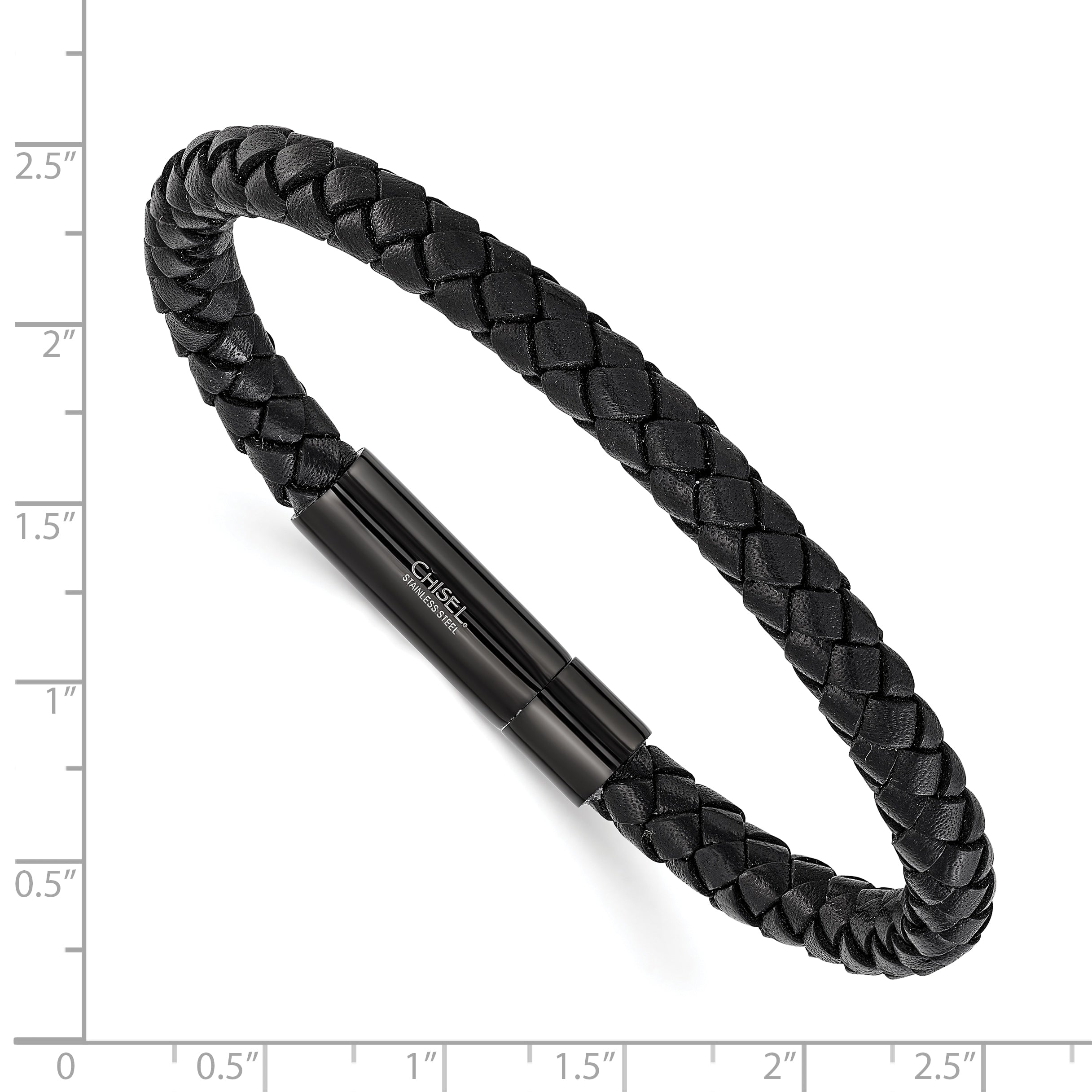 Men's Black Ion-Plated Polished Leather Stainless Steel Bracelet 6.5mm