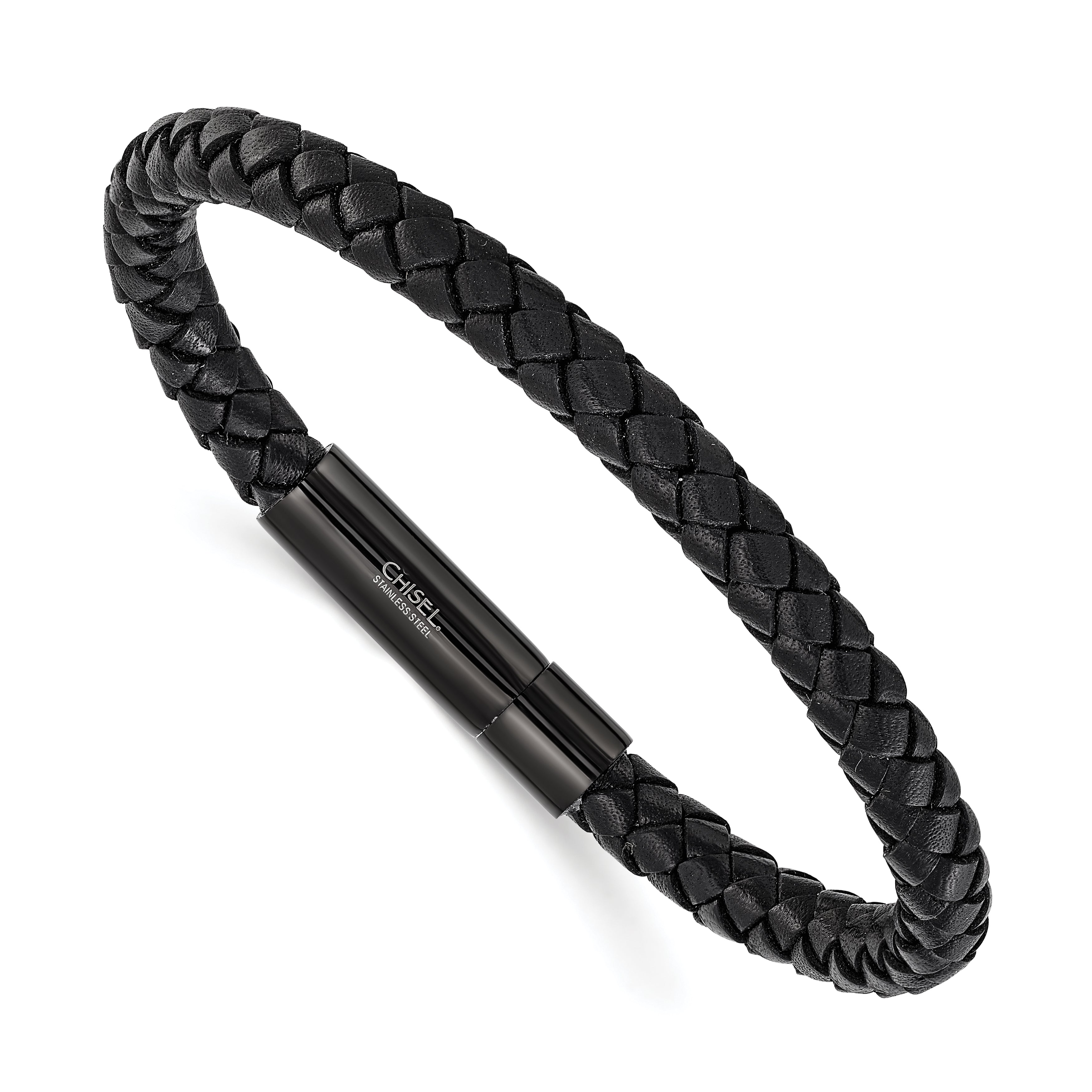 Men's Black Ion-Plated Polished Leather Stainless Steel Bracelet 6.5mm Main image