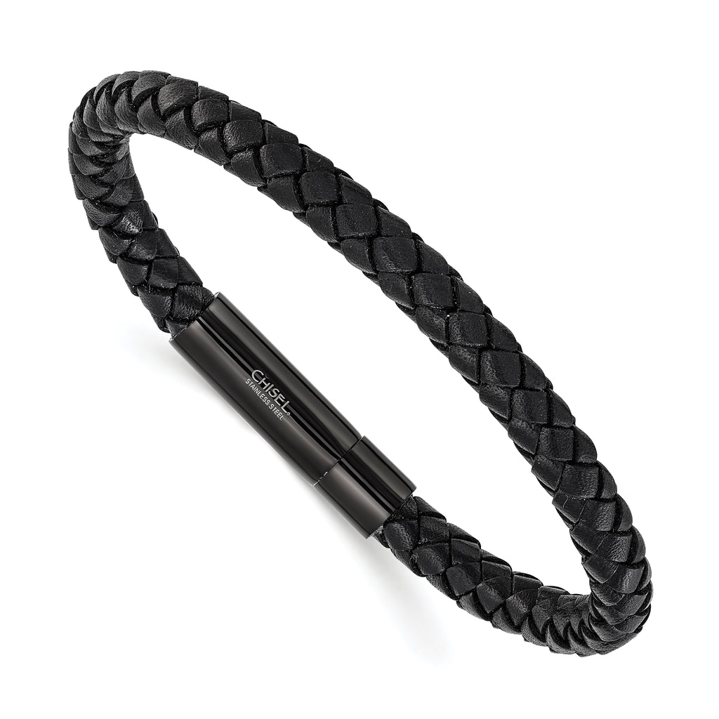 Men's Black Ion-Plated Polished Leather Stainless Steel Bracelet 6.5mm