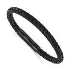 Men's Black Ion-Plated Polished Leather Stainless Steel Bracelet 6.5mm