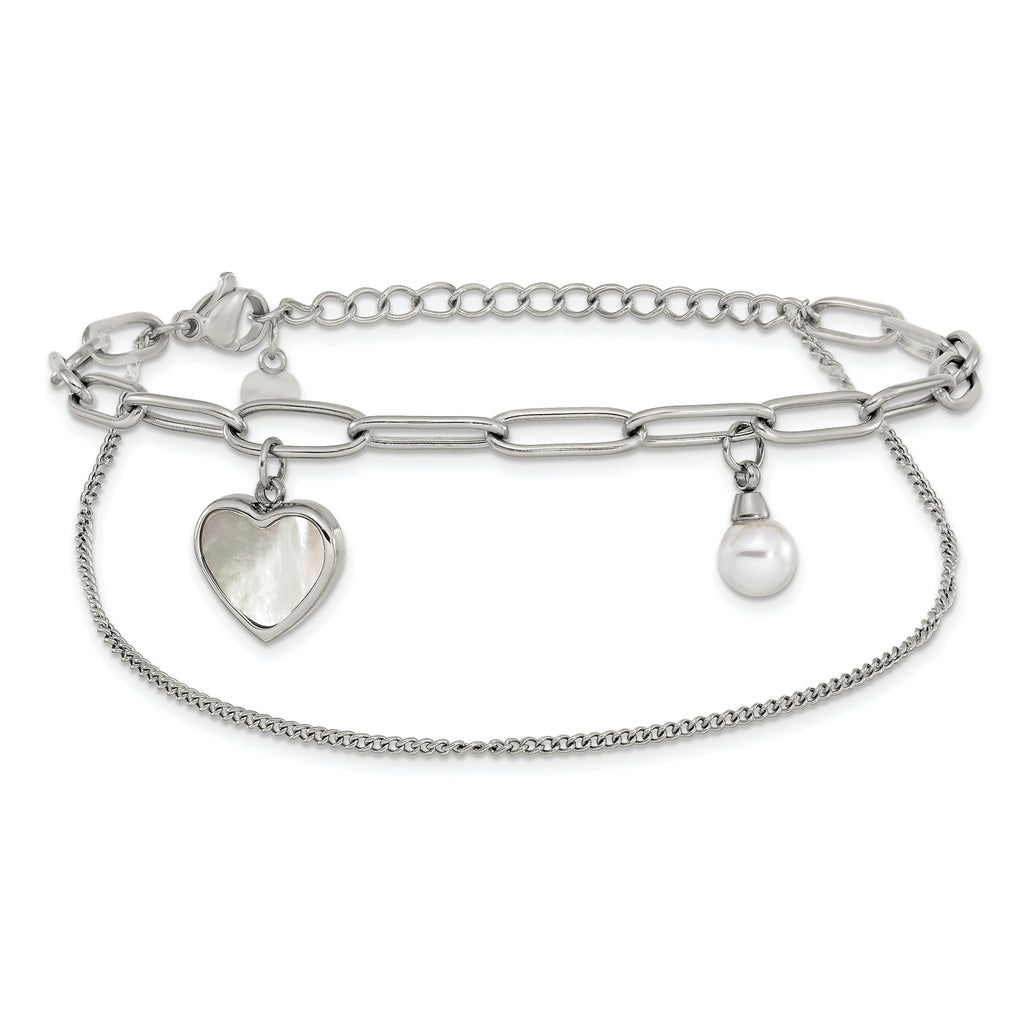 Polished Mother of Pearl Heart Stainless Steel Bracelet 4.4mm