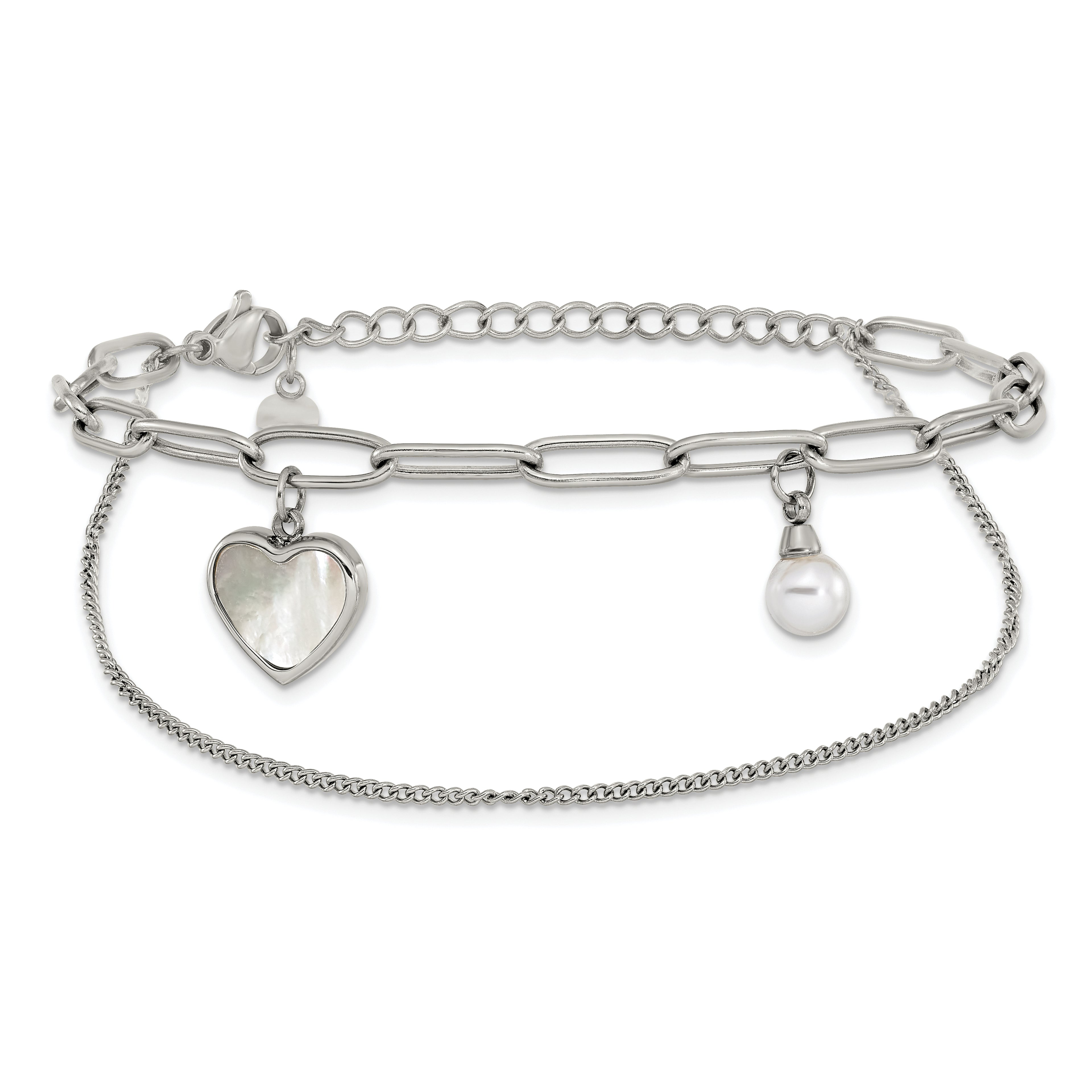 Polished Mother of Pearl Heart Stainless Steel Bracelet 4.4mm