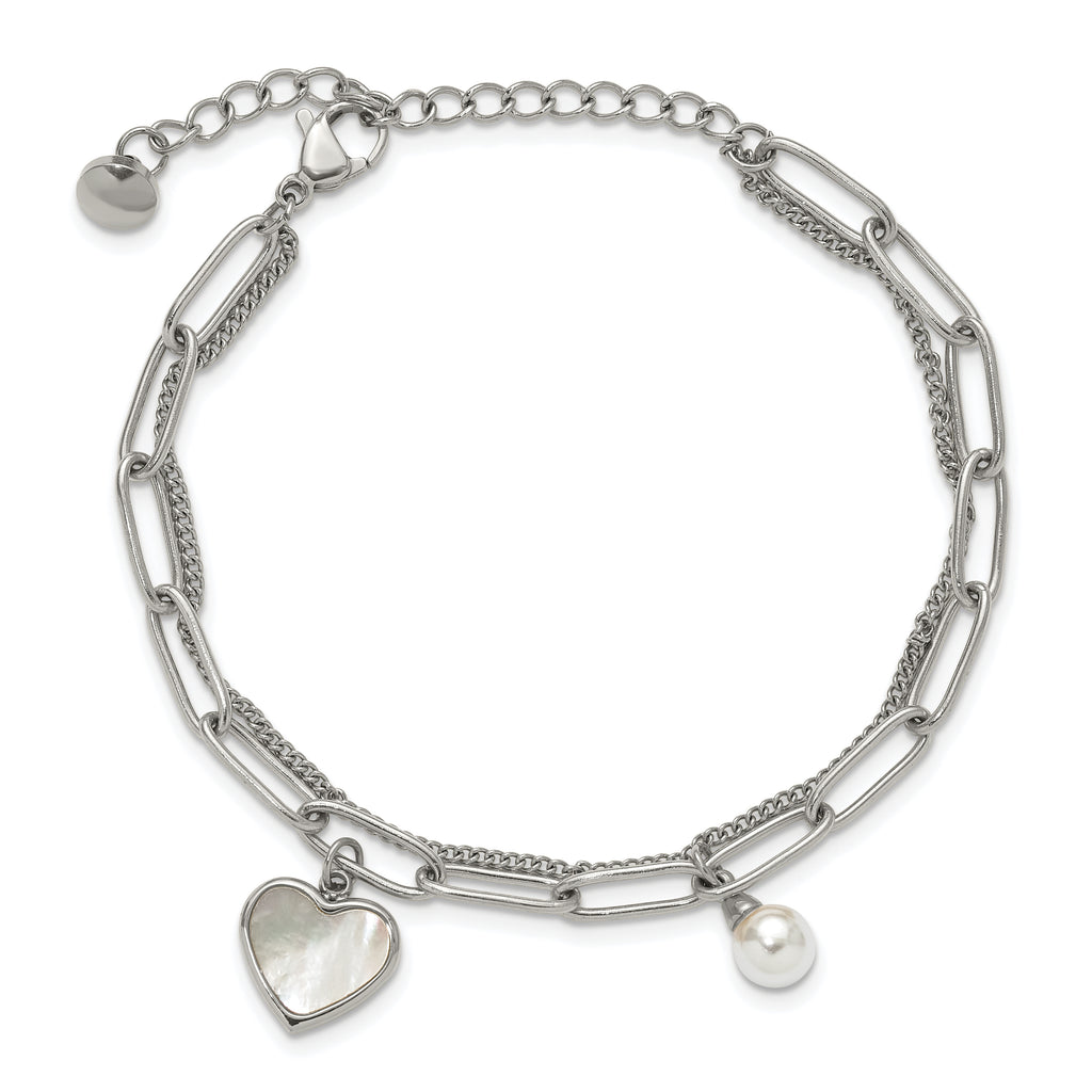 Polished Mother of Pearl Heart Stainless Steel Bracelet 4.4mm