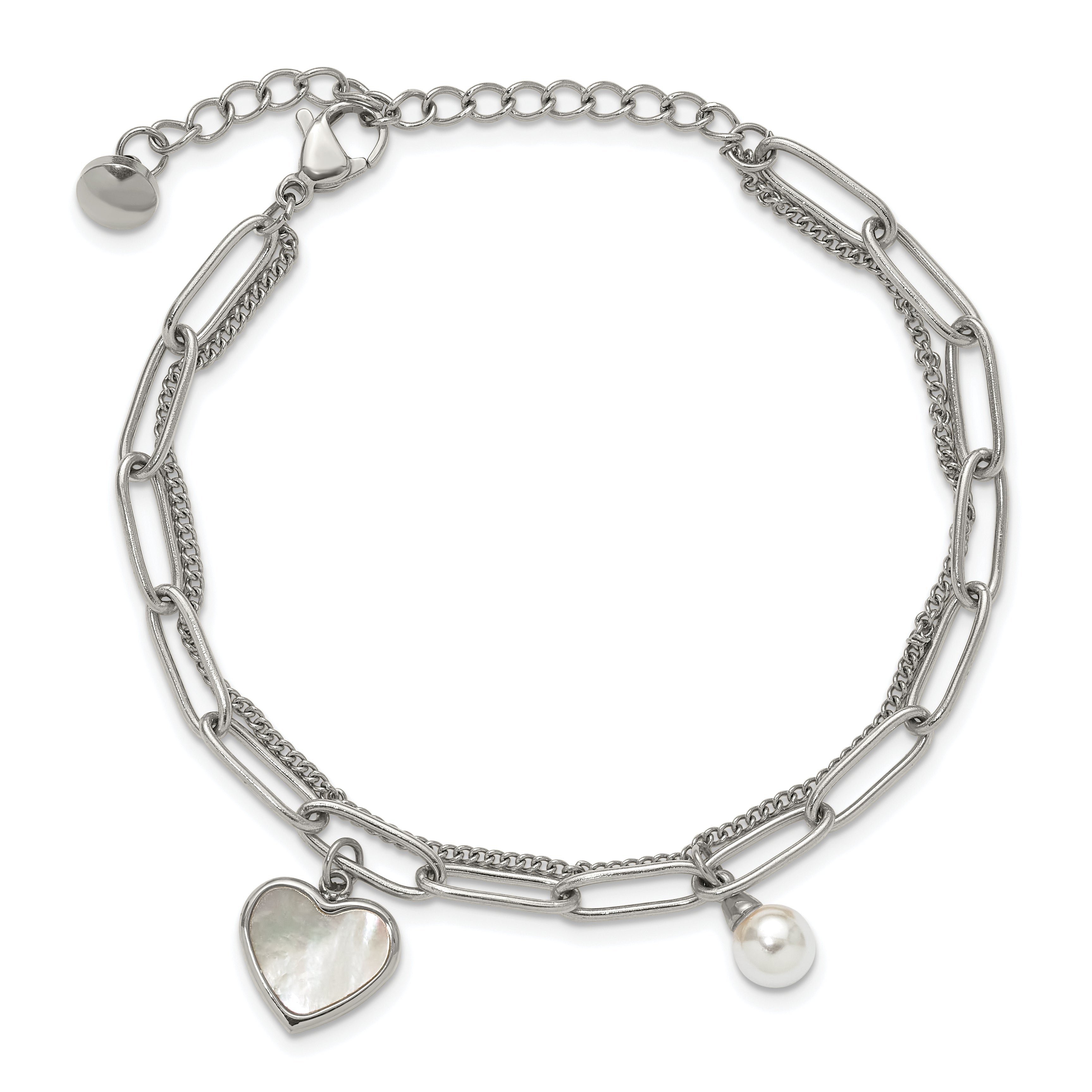 Polished Mother of Pearl Heart Stainless Steel Bracelet 4.4mm
