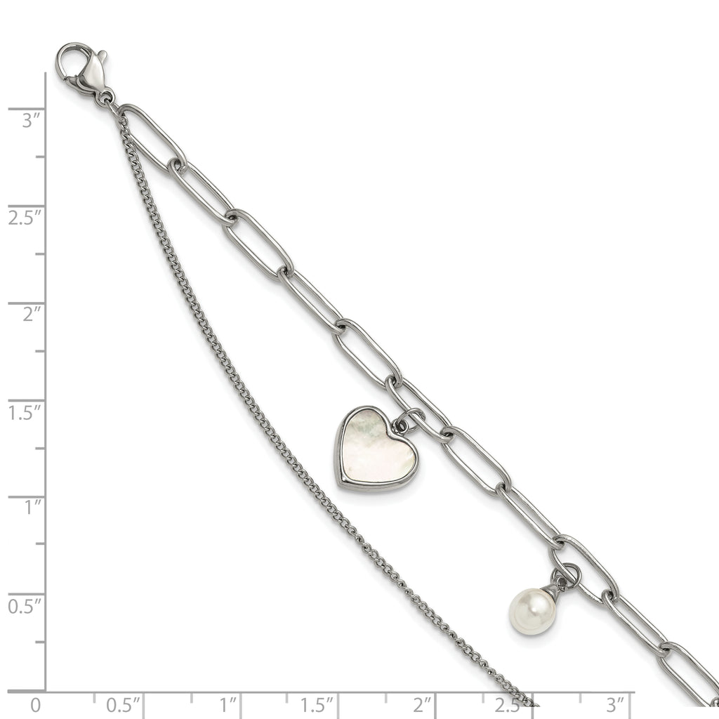 Polished Mother of Pearl Heart Stainless Steel Bracelet 4.4mm