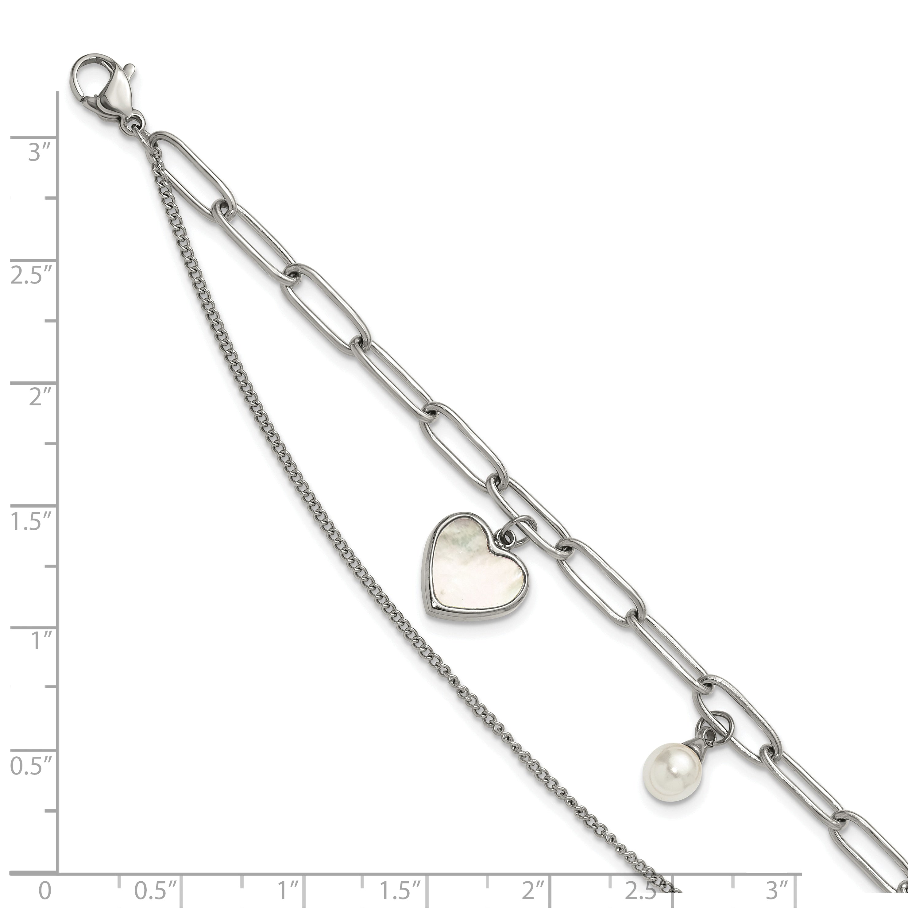 Polished Mother of Pearl Heart Stainless Steel Bracelet 4.4mm