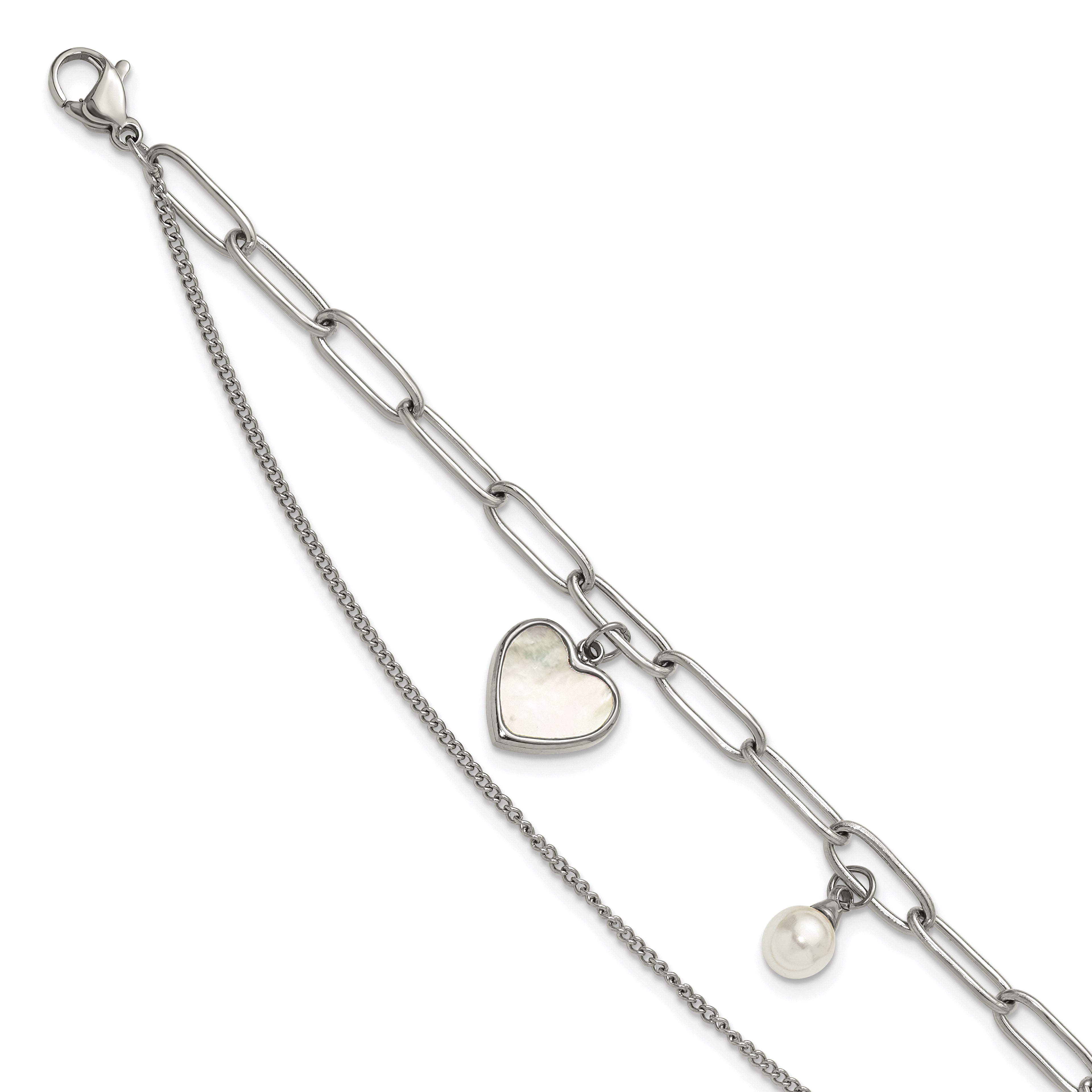 Polished Mother of Pearl Heart Stainless Steel Bracelet 4.4mm
