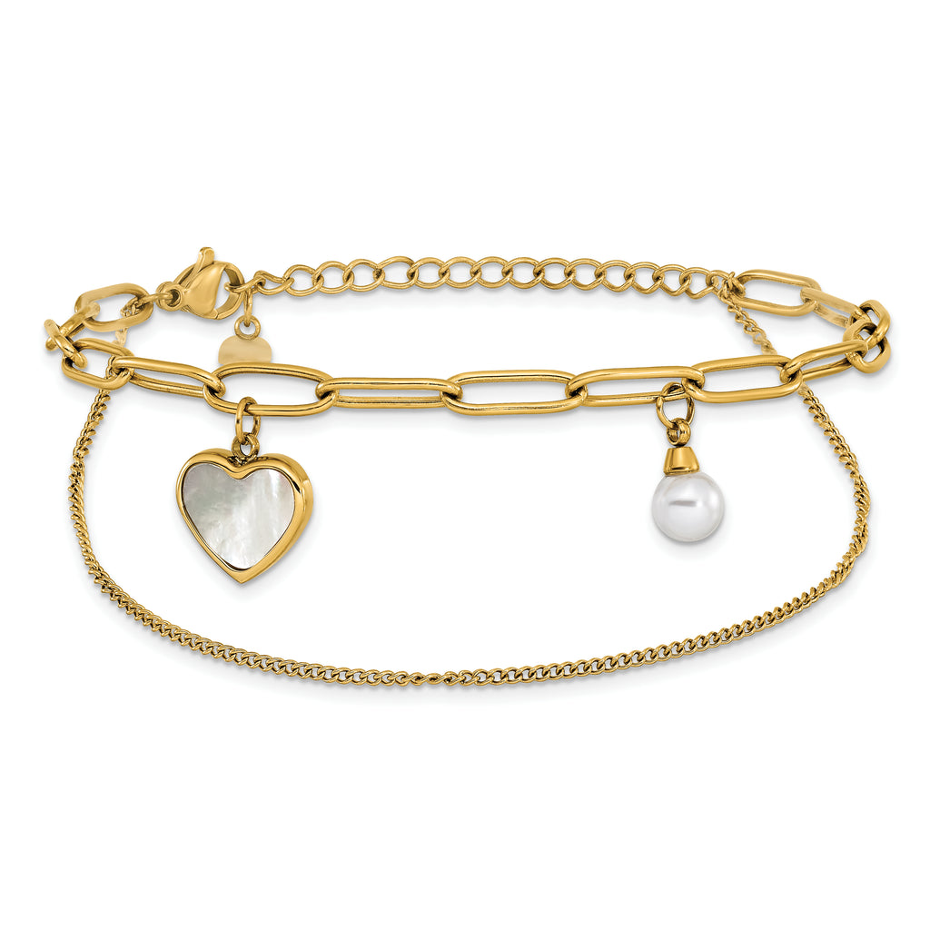 Gold-Tone Polished Mother of Pearl Heart Stainless Steel Bracelet 4.4mm