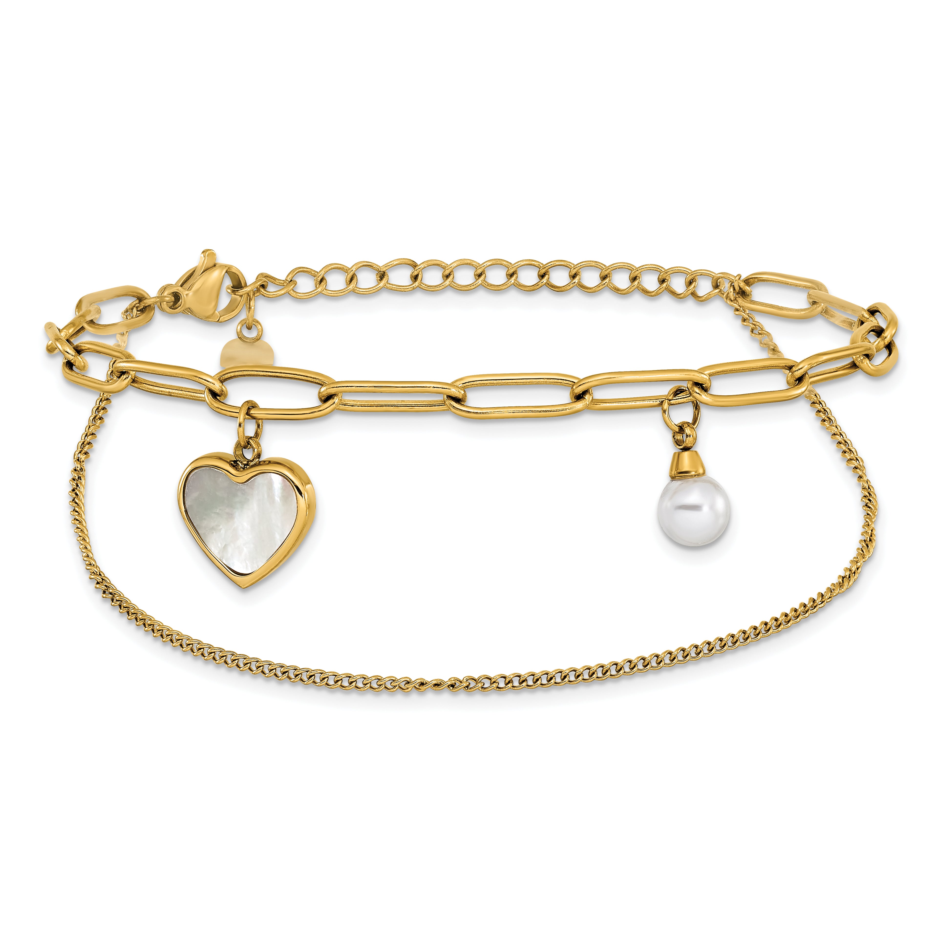 Gold-Tone Polished Mother of Pearl Heart Stainless Steel Bracelet 4.4mm