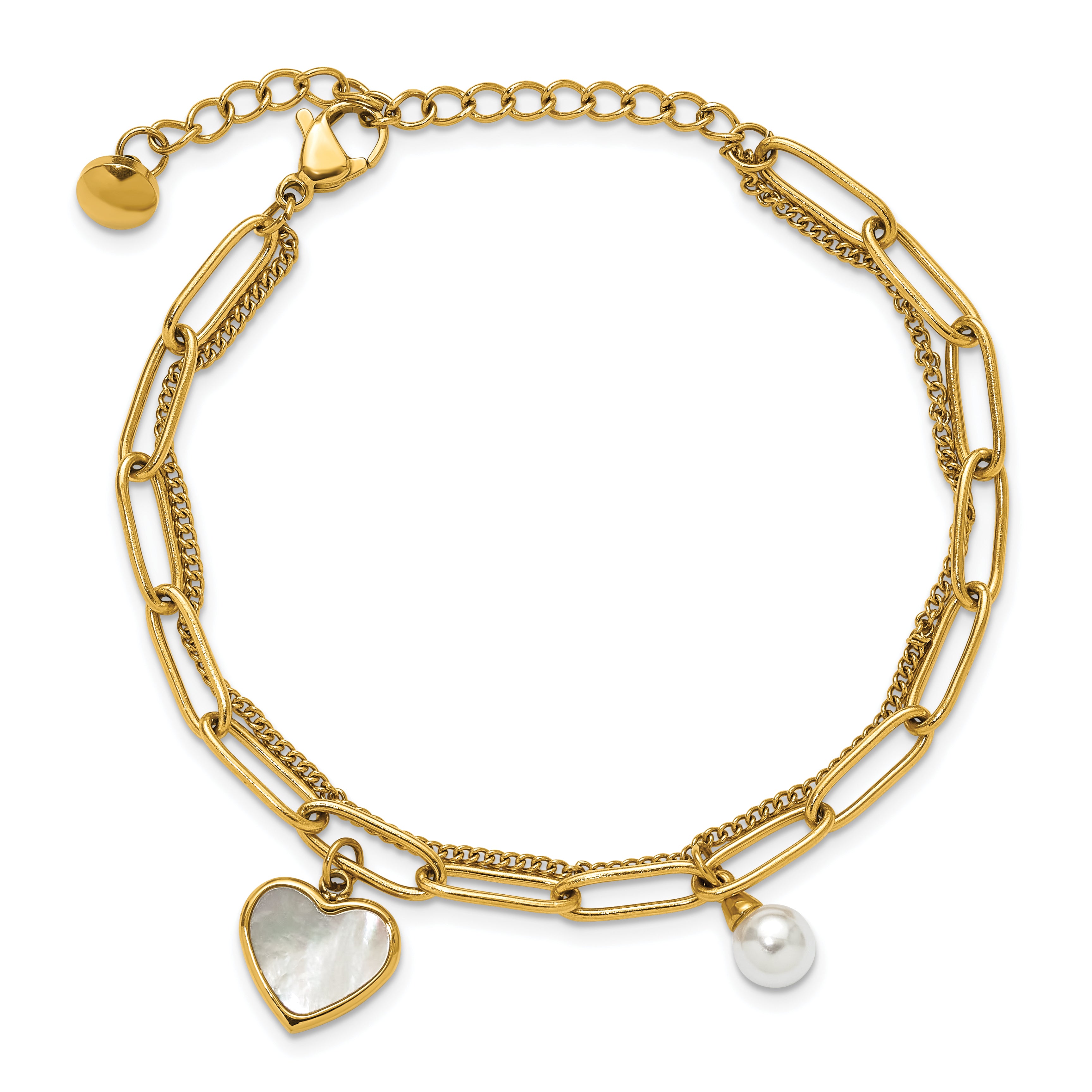 Gold-Tone Polished Mother of Pearl Heart Stainless Steel Bracelet 4.4mm