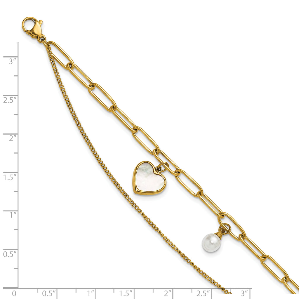 Gold-Tone Polished Mother of Pearl Heart Stainless Steel Bracelet 4.4mm