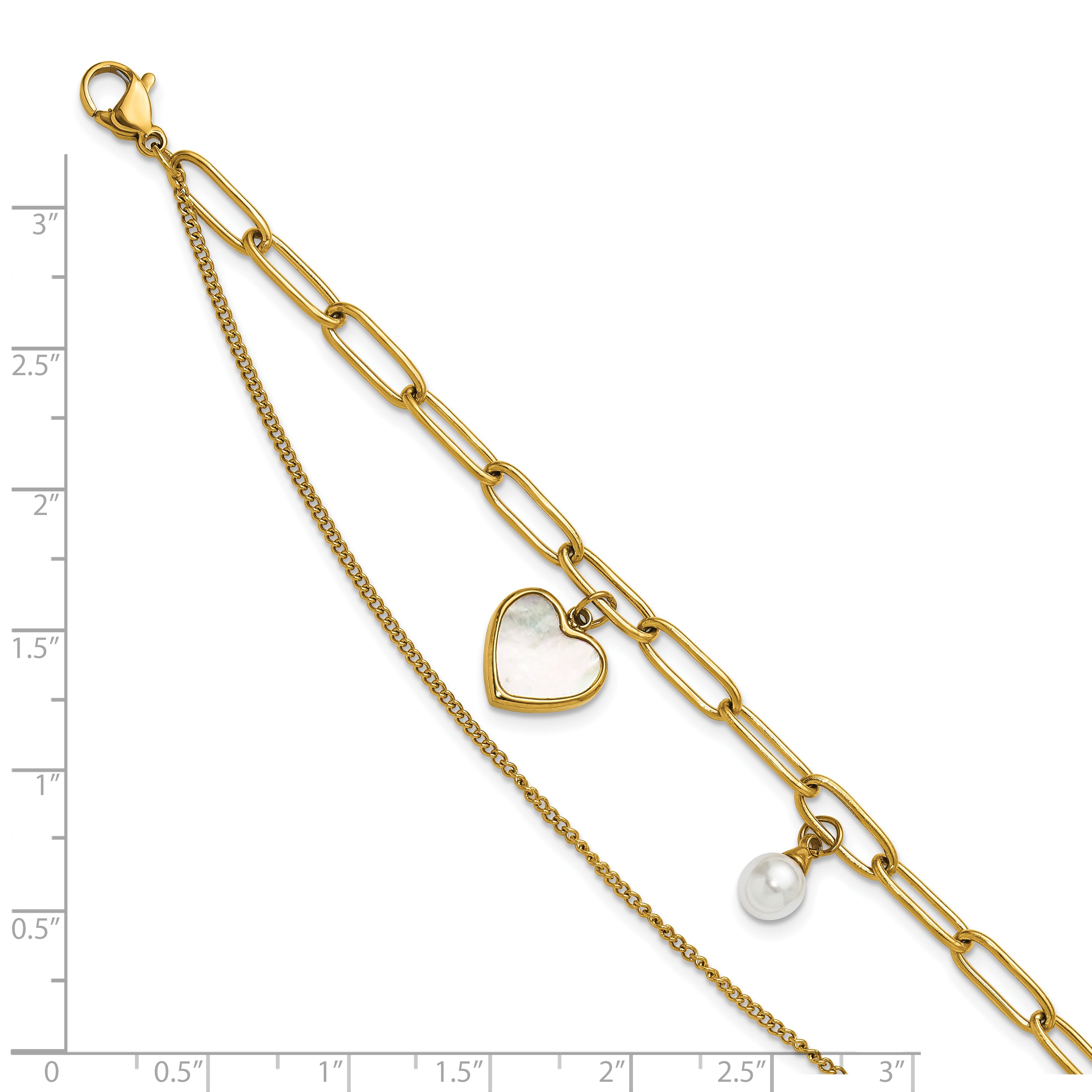 Gold-Tone Polished Mother of Pearl Heart Stainless Steel Bracelet 4.4mm