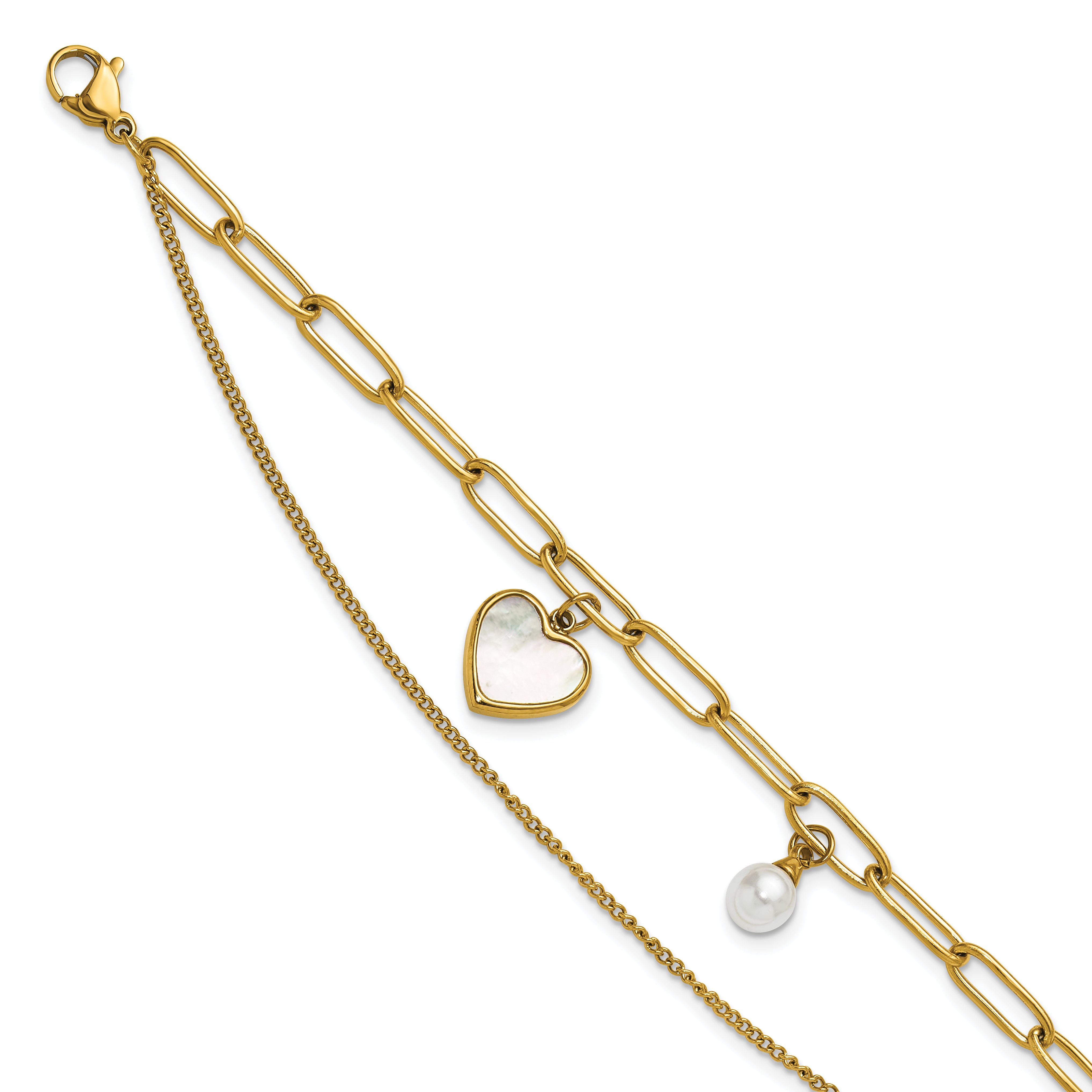 Gold-Tone Polished Mother of Pearl Heart Stainless Steel Bracelet 4.4mm Main image