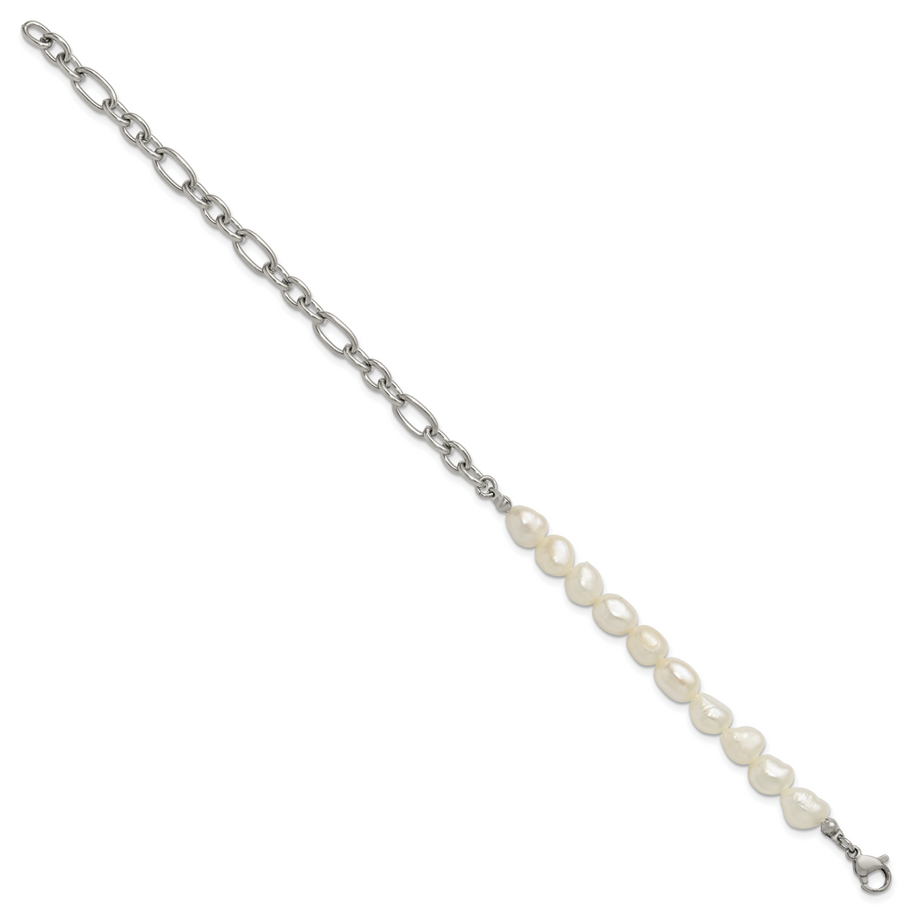 Polished Freshwater Cultured Pearl Stainless Steel Bracelet 5.5mm