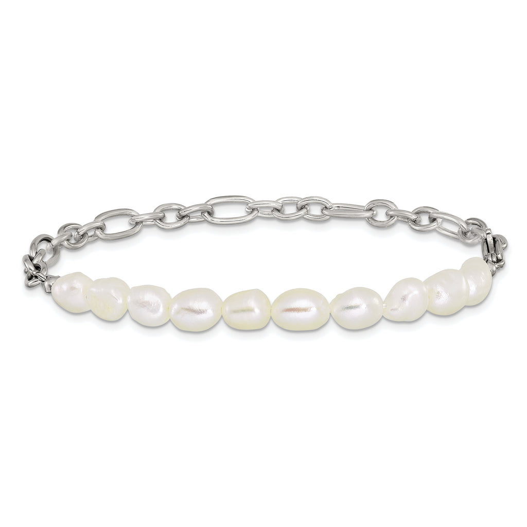 Polished Freshwater Cultured Pearl Stainless Steel Bracelet 5.5mm