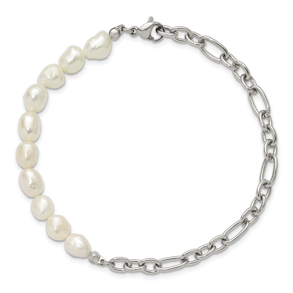 Polished Freshwater Cultured Pearl Stainless Steel Bracelet 5.5mm