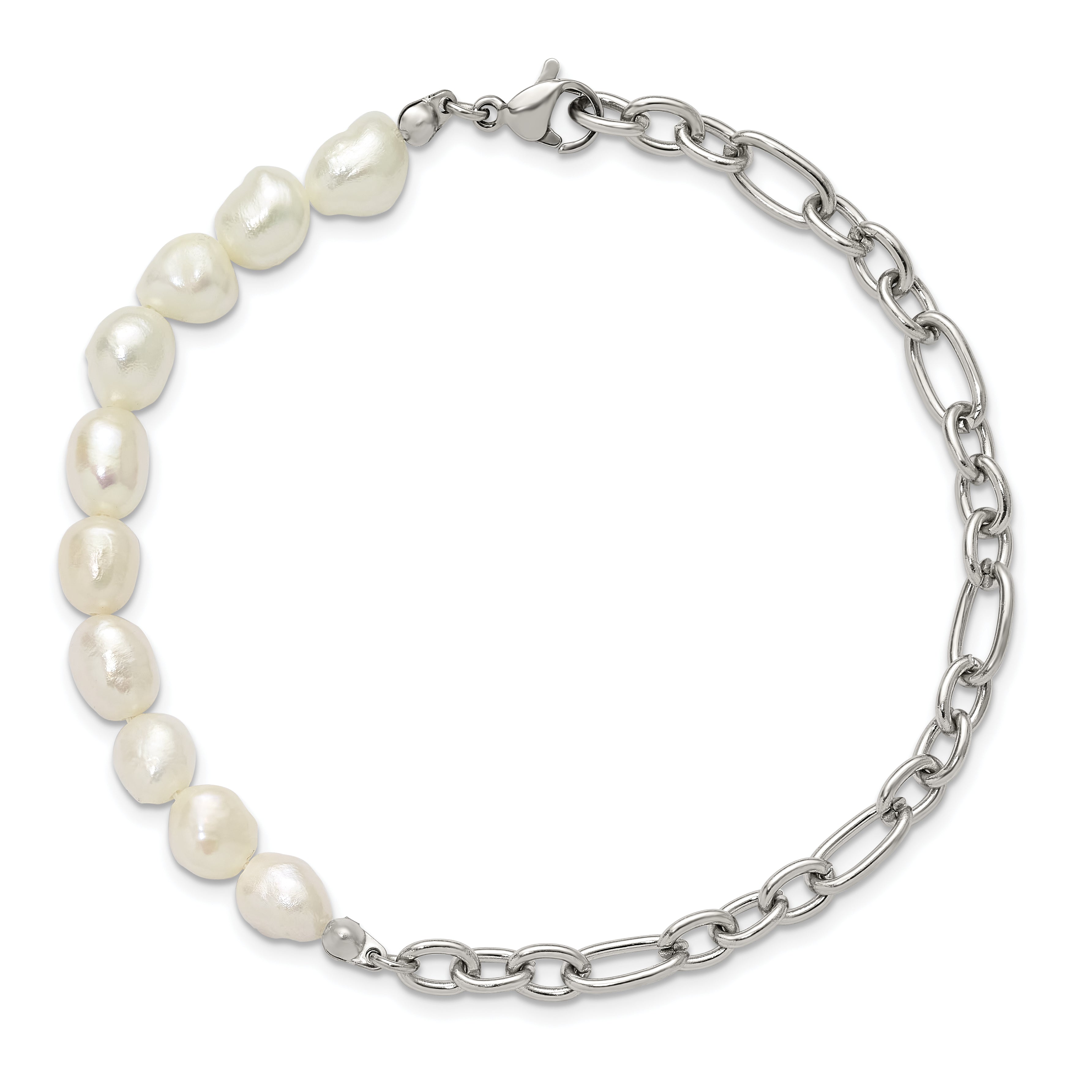 Polished Freshwater Cultured Pearl Stainless Steel Bracelet 5.5mm