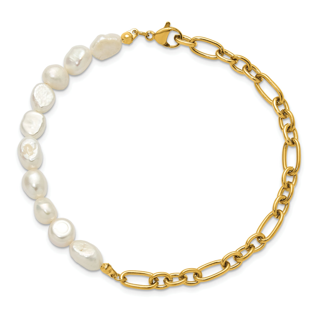 Gold-Tone Polished Freshwater Cultured Pearl Stainless Steel Bracelet 5.5mm