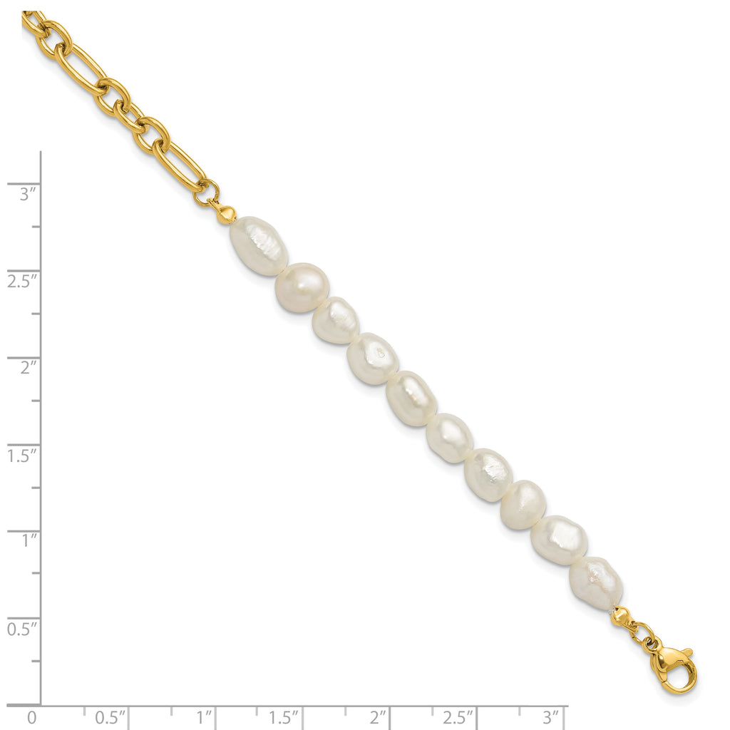 Gold-Tone Polished Freshwater Cultured Pearl Stainless Steel Bracelet 5.5mm