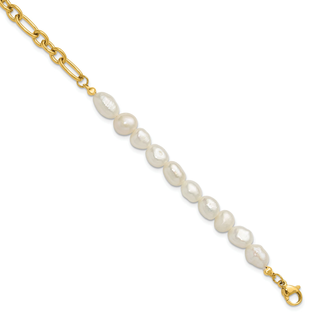 Gold-Tone Polished Freshwater Cultured Pearl Stainless Steel Bracelet 5.5mm