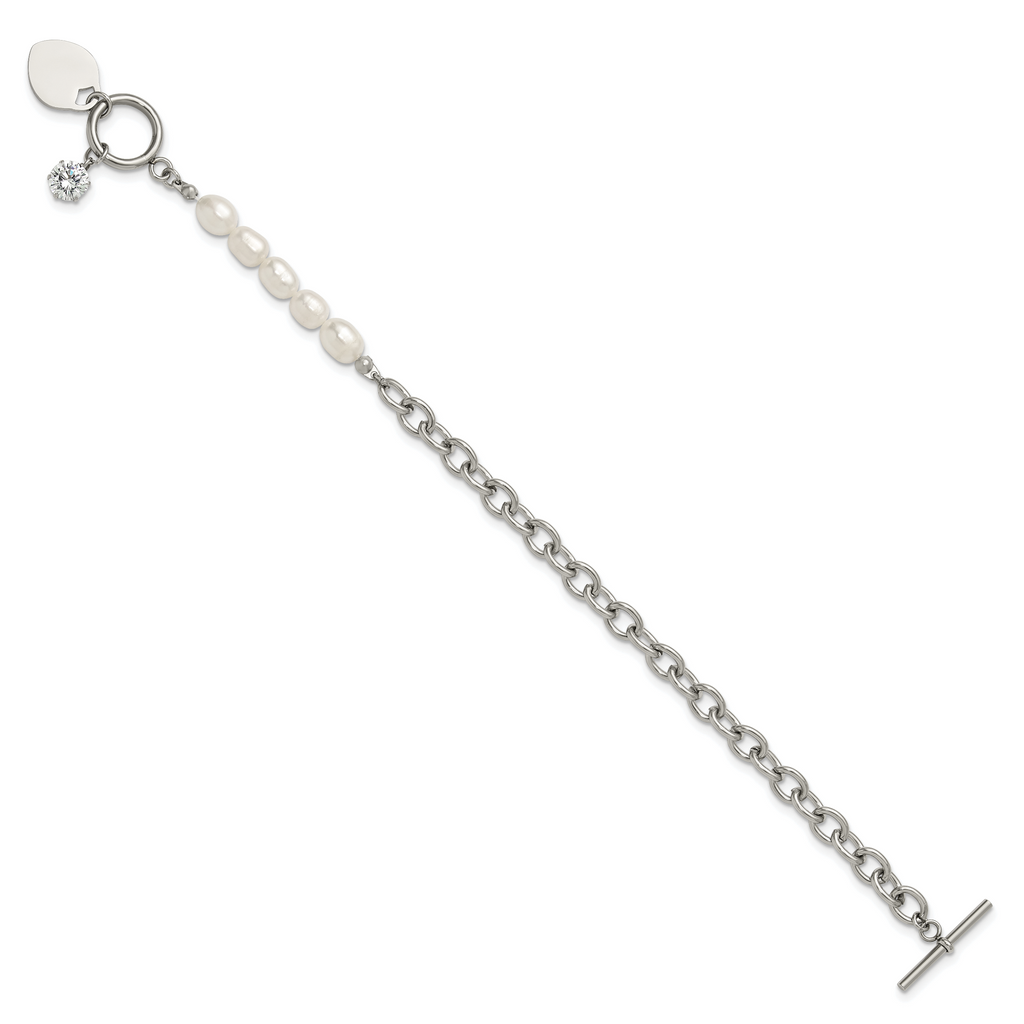 Polished Freshwater Cultured Pearl Heart Stainless Steel Bracelet 6mm