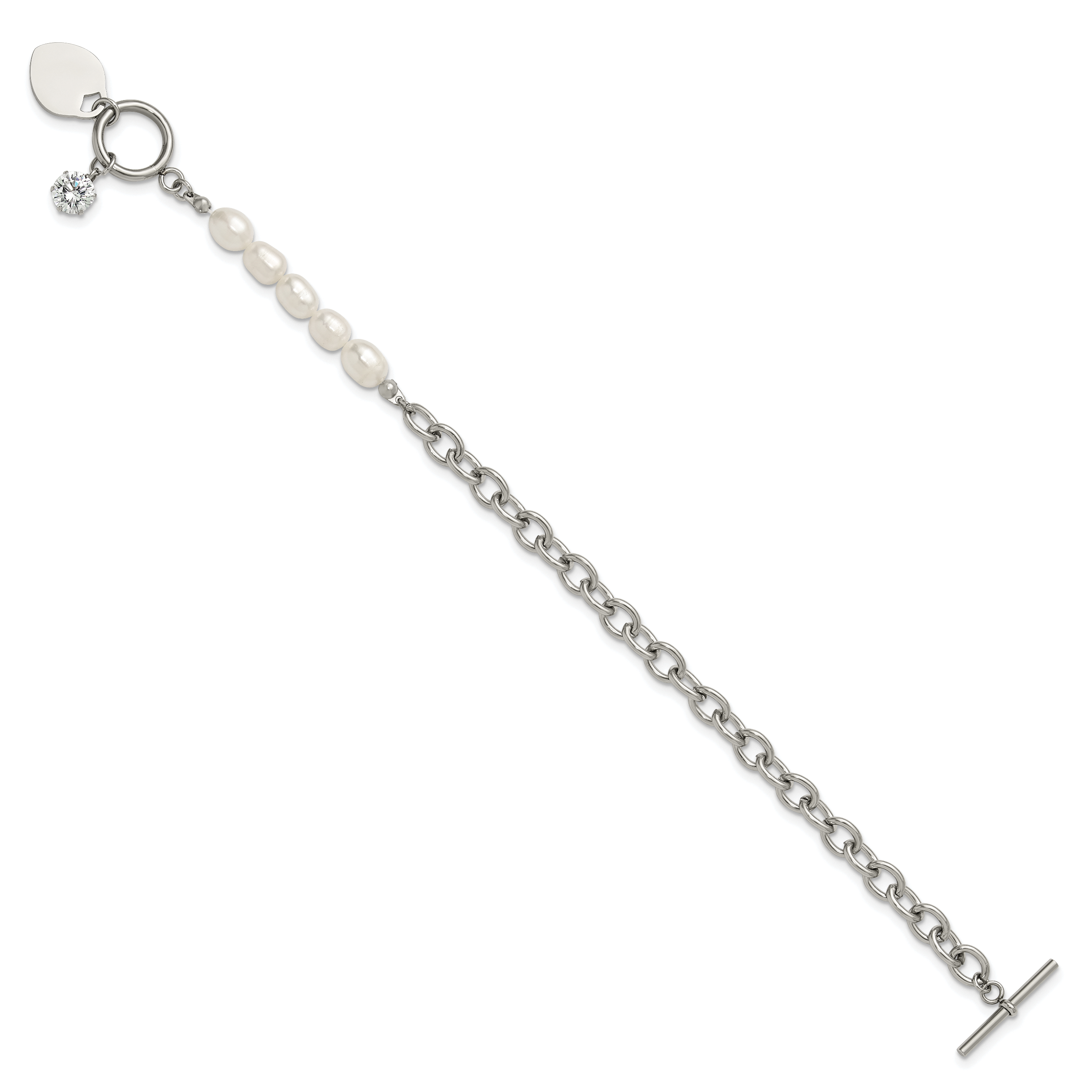 Polished Freshwater Cultured Pearl Heart Stainless Steel Bracelet 6mm