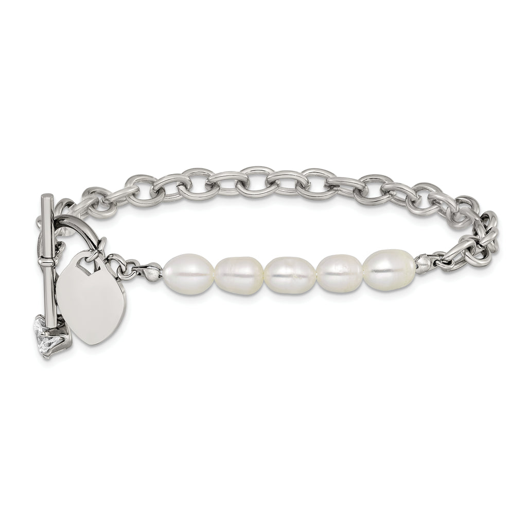 Polished Freshwater Cultured Pearl Heart Stainless Steel Bracelet 6mm