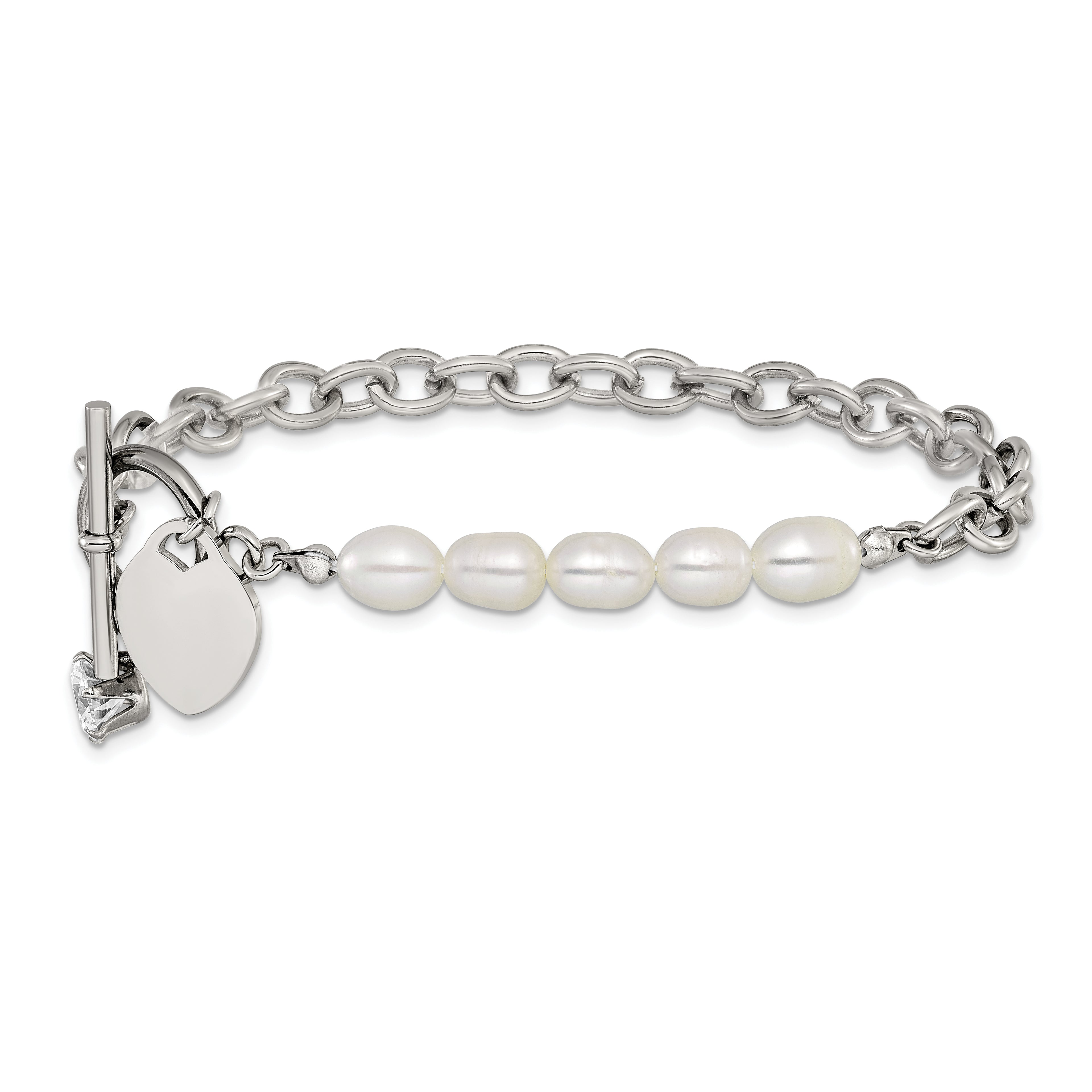 Polished Freshwater Cultured Pearl Heart Stainless Steel Bracelet 6mm