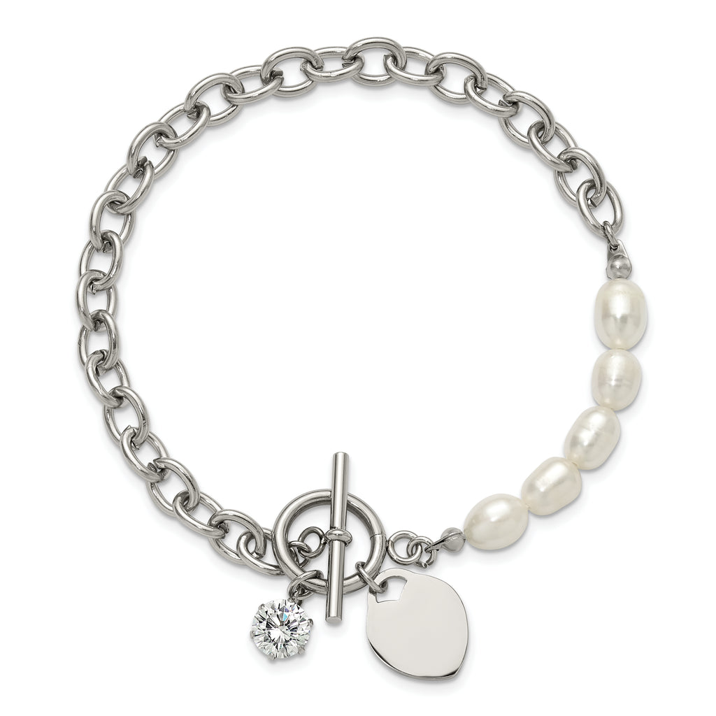 Polished Freshwater Cultured Pearl Heart Stainless Steel Bracelet 6mm