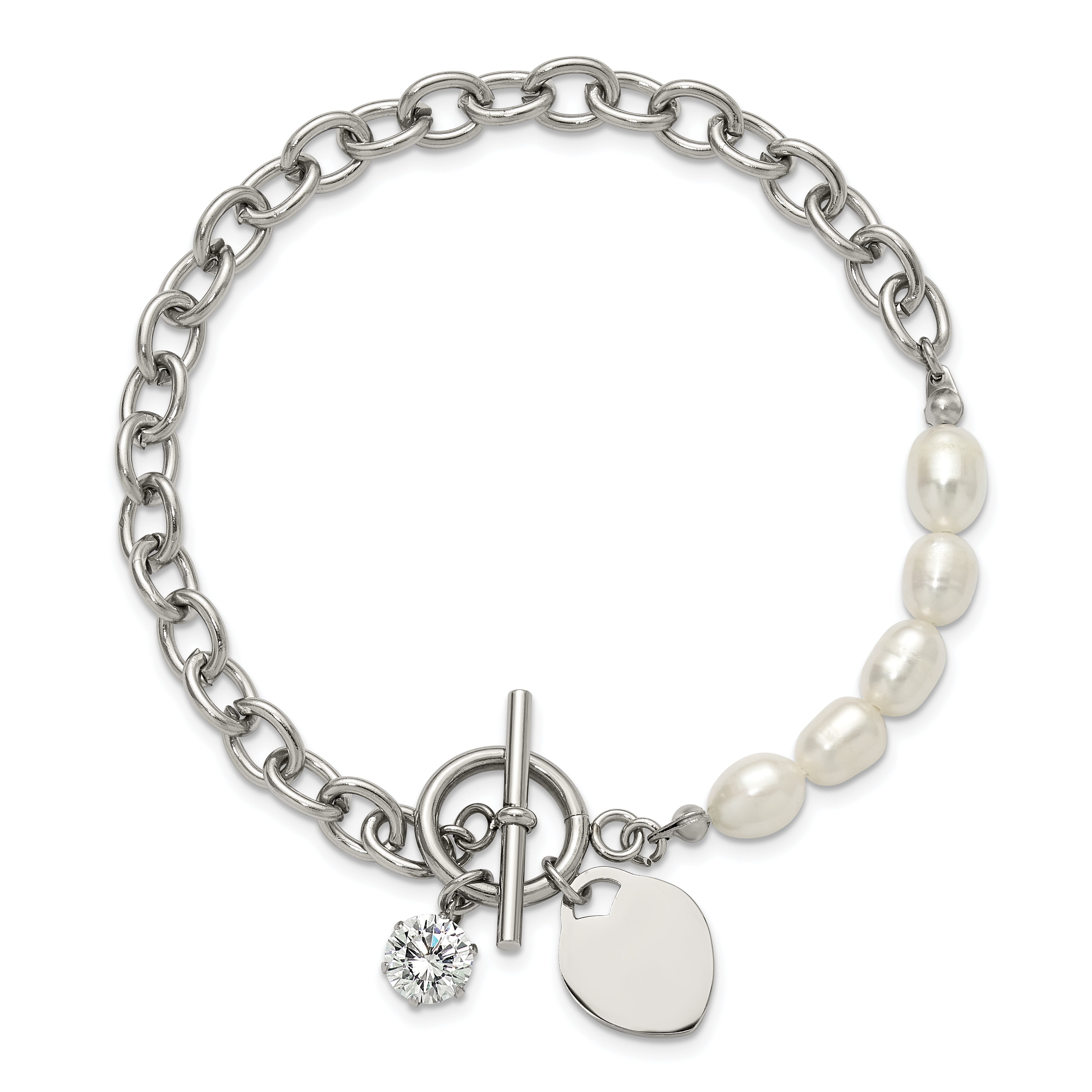 Polished Freshwater Cultured Pearl Heart Stainless Steel Bracelet 6mm